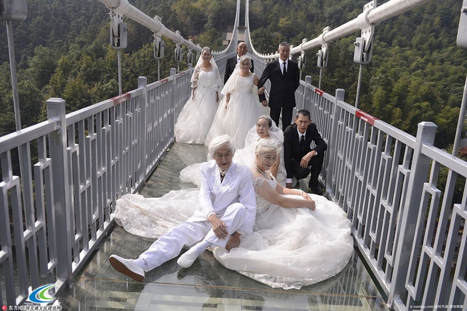 四对老人登高空玻璃桥拍婚纱照庆金婚