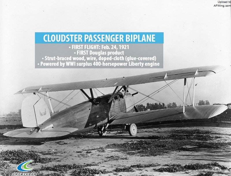 道格拉斯的开山之作“云中行者”号飞机，摄于该机问世后不久的1921年。该机当时被认为是第一架能够承载超过其自身重量的有用载荷的飞机。该机最终被改装成了一架10座客机